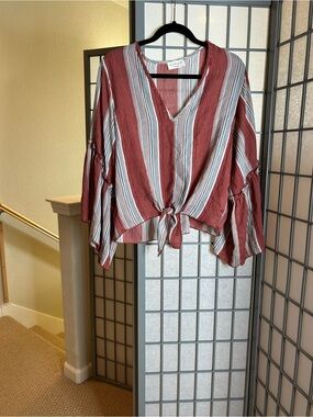 Anthropologie lavender field Red and Cream Striped Tie-Front Blouse